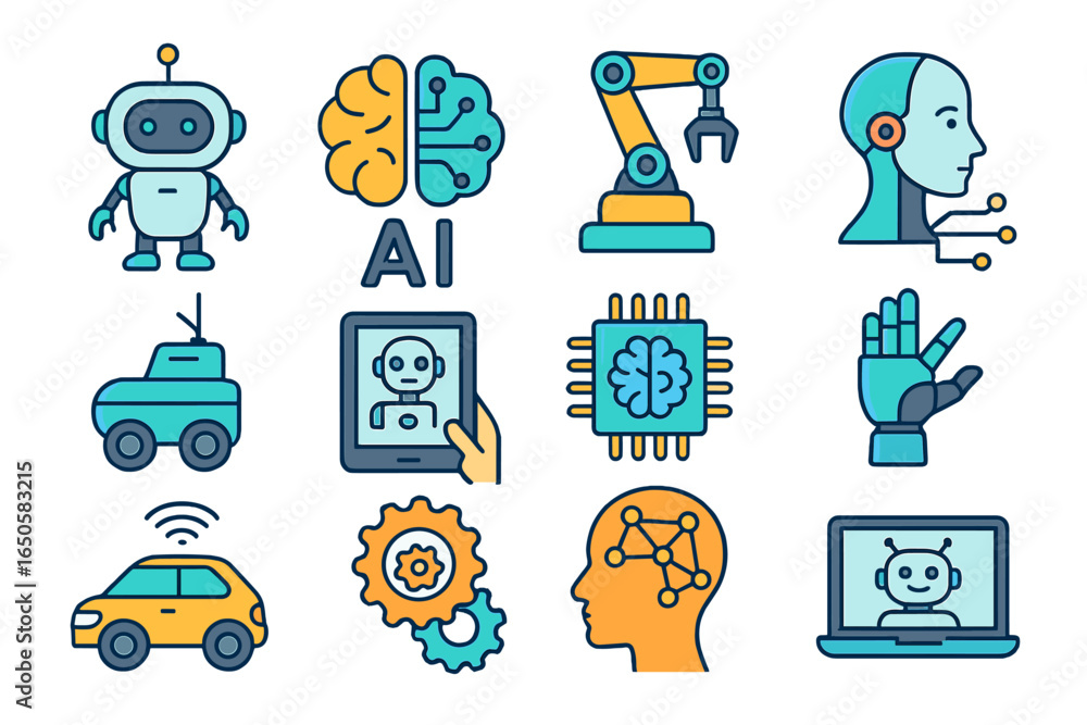 Poster ai and robotics icon set. artificial intelligence, machine learning, automation technology symbols. 