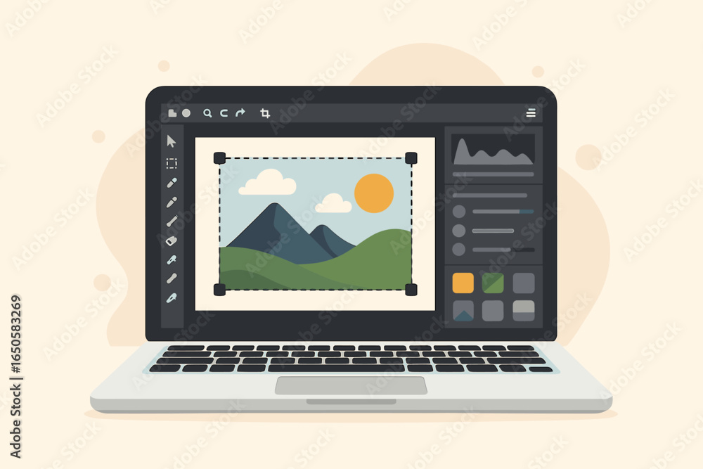 Fototapete photo editing software on laptop screen. graphic designer workflow for retouching a digital landscap