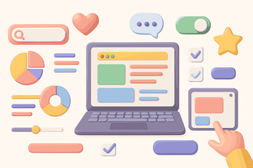 3D UX UI design elements set. Vector user interface constructor for web and mobile app. Laptop screen, dashboard, chart, graph, icons for infographic and data analysis.