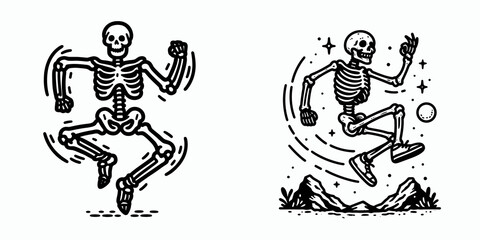 A Skeleton rock skipping. Retro Vintage Line Art Clipart Silhouette Vector Illustration. .