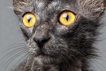 Close-up portrait of a Lykoi cat with striking yellow eyes and a unique, sparse coat, showcasing its unusual appearance.