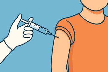 Vaccine injection in arm. Syringe with needle for immunization shot. Doctor or nurse hand in glove vaccinating patient for immunity. Medicine, healthcare concept vector.