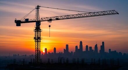 A massive tower crane stands majestically silhouetted against a breathtaking sunset, symbolizing progress, construction, and urban development.