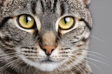 Close-up portrait of a tabby cat with striking yellow eyes against a simple gray background.