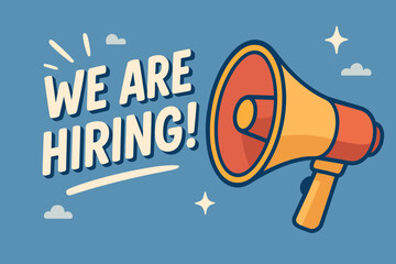 We are hiring announcement. Retro megaphone vector illustration. Recruitment design for job vacancy poster. Join our team concept. Career opportunity banner. Loudspeaker notice.