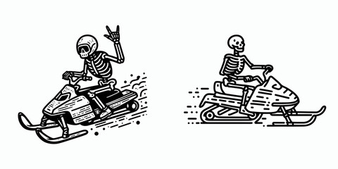 A Skeleton snowmobiling. Retro Vintage Line Art Clipart Silhouette Vector Illustration. .