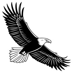 Illustration of a bald eagle soaring with outstretched wings in a black and white vector graphic