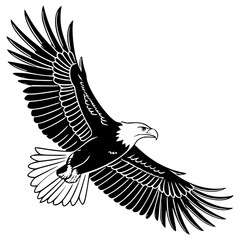A black and white drawing of an eagle with its wings spread wide open in mid flight against white backdrop