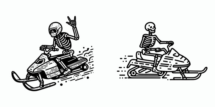 A Skeleton snowmobiling. Retro Vintage Line Art Clipart Silhouette Vector Illustration. .