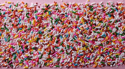 Colorful, close-up scattered sprinkles on pink surface. Festive vibrant food background features multitude sprinkles, creating playful celebratory look, perfect desserts parties. Is ideal showcasing