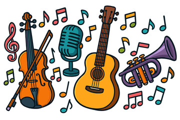 Naklejka premium Musical instruments and notes illustrated in vibrant colors. Concept creativity, artistic expression. Music world vector cartoon illustration. Violin, guitar, trumpet, microphone.