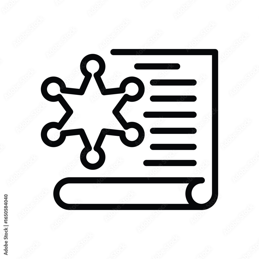 Poster An outline of a document with lines and a sheriffs badge on the side, web icon in line style. Editable stroke