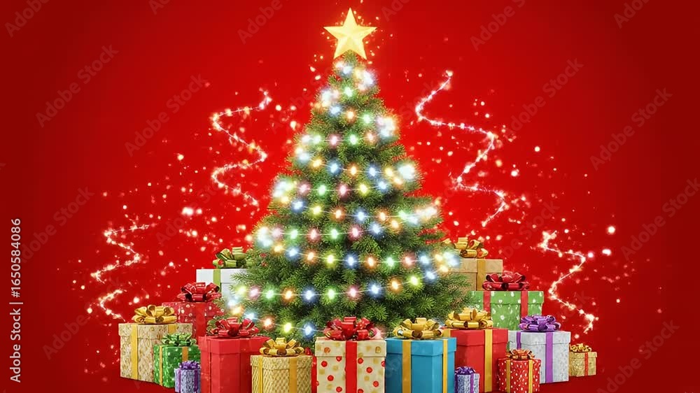 Poster christmas tree adorned with lights topped with a star surrounded by colorful presents on a red backg