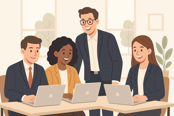 Business team meeting and collaboration concept. Diverse group of colleagues working together on laptops in modern office. Corporate training, success and brainstorming illustration.
