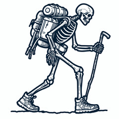 A Skeleton trekking. Retro Vintage Line Art Clipart Silhouette Vector Illustration. .