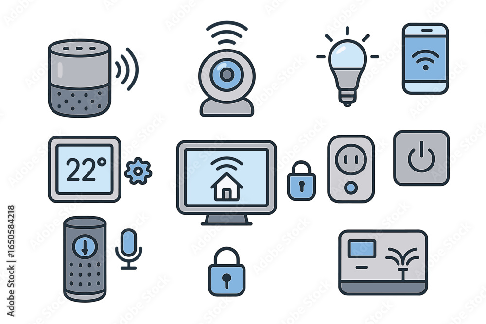 Aufkleber smart home icons. iot technology. vector automation system. internet of things graphic set. remote c