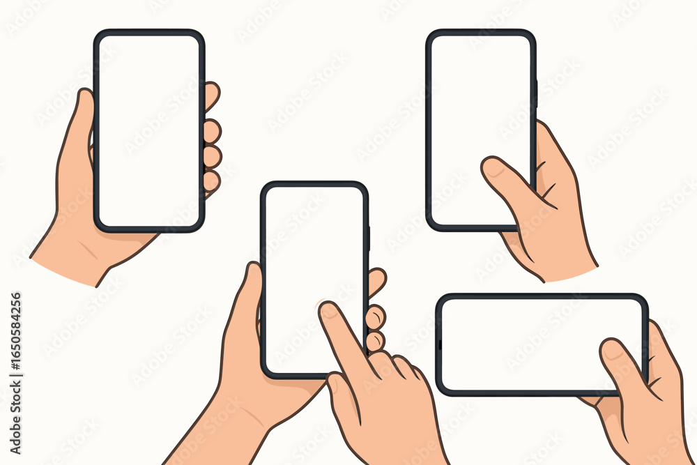 Poster vector hand holding phone mockup collection. smartphone with blank empty screen for template. finger