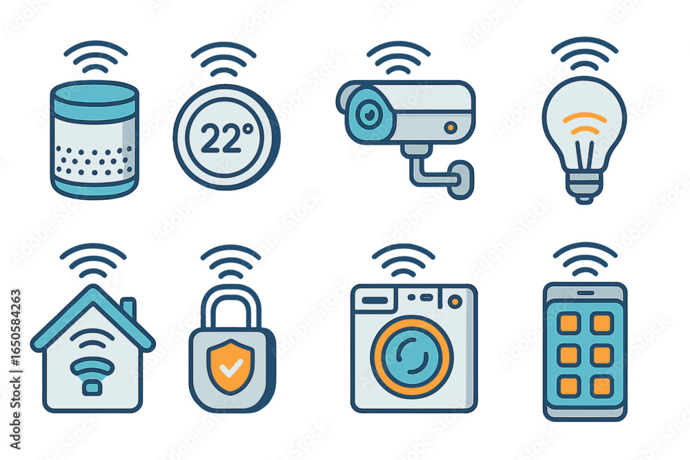 Aufkleber smart home device icons set. home automation and internet of things technology. vector line art coll