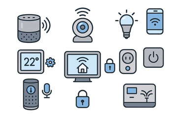 Smart home icons. IoT technology. Vector automation system. Internet of Things graphic set. Remote control, security, lighting, climate. Wireless smart house elements.