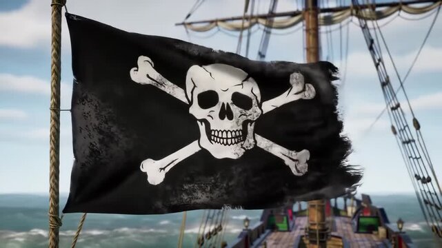 Tattered pirate Jolly Roger flag whipping in stormy sea wind on ship, photorealistic animation