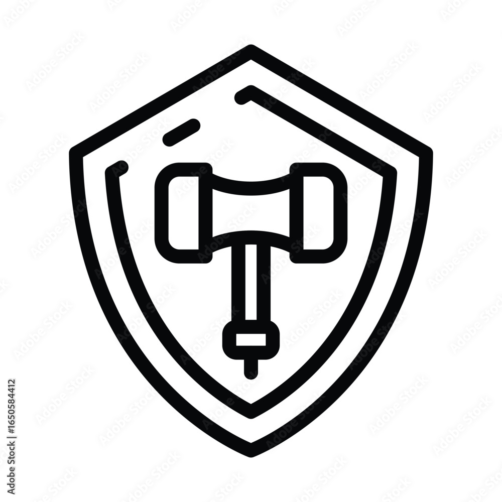 Poster black outline icon of hammer on shield shape, web icon in line style. editable stroke