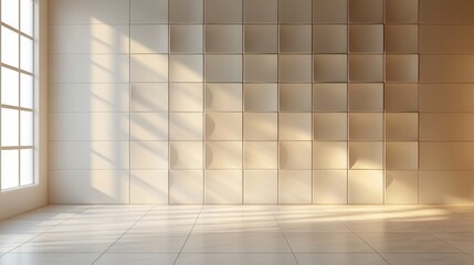 Obraz premium Empty sun-drenched room with light beige wall panels