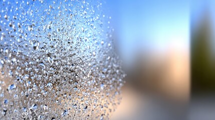 Close-up showcases beautiful display tiny water droplets. Transparent, pristine raindrops are scattered across blurred background, creating refreshing, abstract effect. It embodies sense purity,