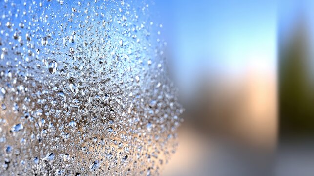 Close-up showcases beautiful display tiny water droplets. Transparent, pristine raindrops are scattered across blurred background, creating refreshing, abstract effect. It embodies sense purity,
