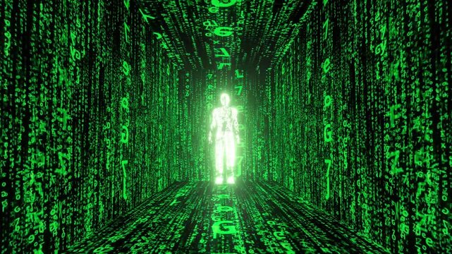 Person in a matrix room made of green characters and symbols, representing Artificial Intelligence  