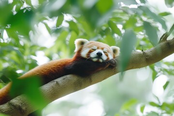 Sleepy Red Panda Amidst Foliage: A charming red panda enjoys a peaceful nap perched on a tree branch, surrounded by vibrant green leaves, presenting a serene moment in nature's embrace.