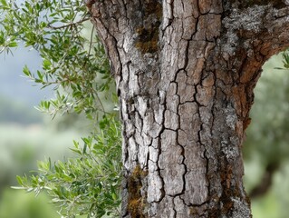 Obraz premium Close-up shot reveals textured details weathered tree trunk, highlighting its rough bark vibrant green leaves. Natural scene showcases beauty nature, including intricate patterns organic elements.