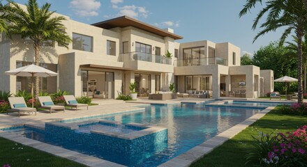 Fototapeta premium Contemporary Mediterranean Villa with Infinity Pool and Palm Garden