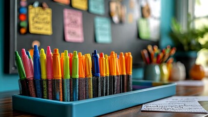 Colorful marker pens organized in a desk tray with motivational posters in a bright workspace
