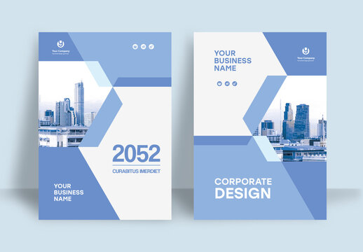 Business Report Cover Template &ndash;  Blue and White Geometric Layout (A4)	
