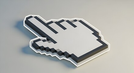 Close up of a pixelated hand pointer with black borders on a gray background in a studio setting