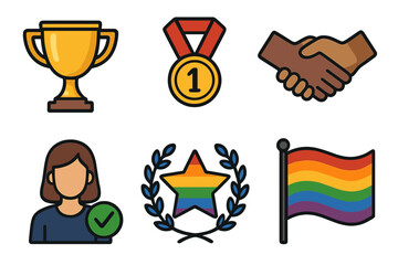 Award and success icon set with LGBTQ pride symbols. Trophy, medal, diverse handshake for partnership and equality, verified user, and rainbow flag. Vector cartoon icons.