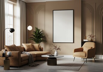 Elegant living room interior with modern furniture and blank picture frame ready for customization creating a peaceful and stylish home environment