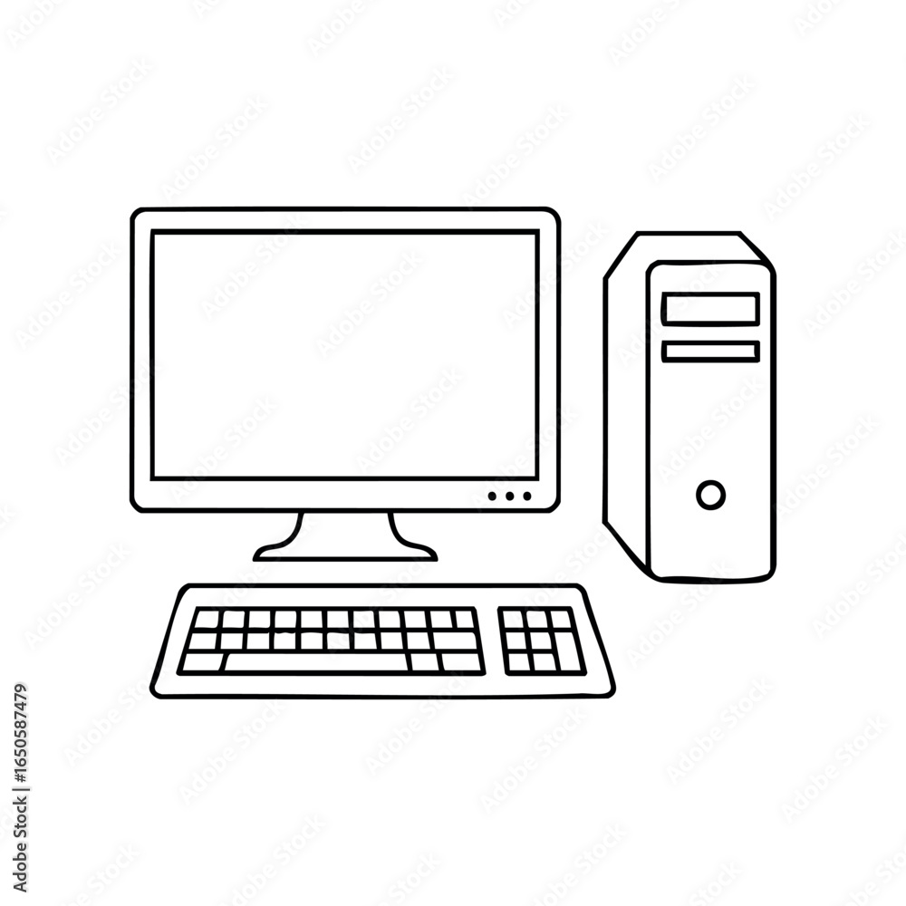 Aufkleber black and white line drawing of desktop computer with monitor and keyboard