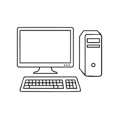 Fototapeta premium Black and white line drawing of desktop computer with monitor and keyboard