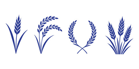 Wheat wreaths. Rice or wheat ears, barley spikes, rye grains and crops. Organic cereal plants ear silhouette, wreath element vector set. Yellow spikelets symbols for labels isolated on white © Top