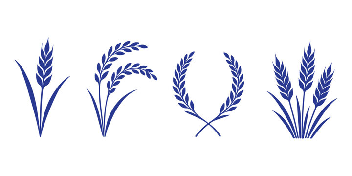 Wheat wreaths. Rice or wheat ears, barley spikes, rye grains and crops. Organic cereal plants ear silhouette, wreath element vector set. Yellow spikelets symbols for labels isolated on white