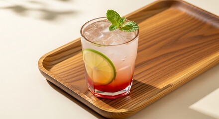 Refreshing Iced Sparkling Drink with Lime and Mint on Wooden Tray.