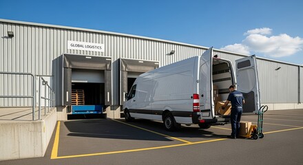 A dedicated logistics worker efficiently loads and unloads goods from a white delivery van at a bustling warehouse loading dock.