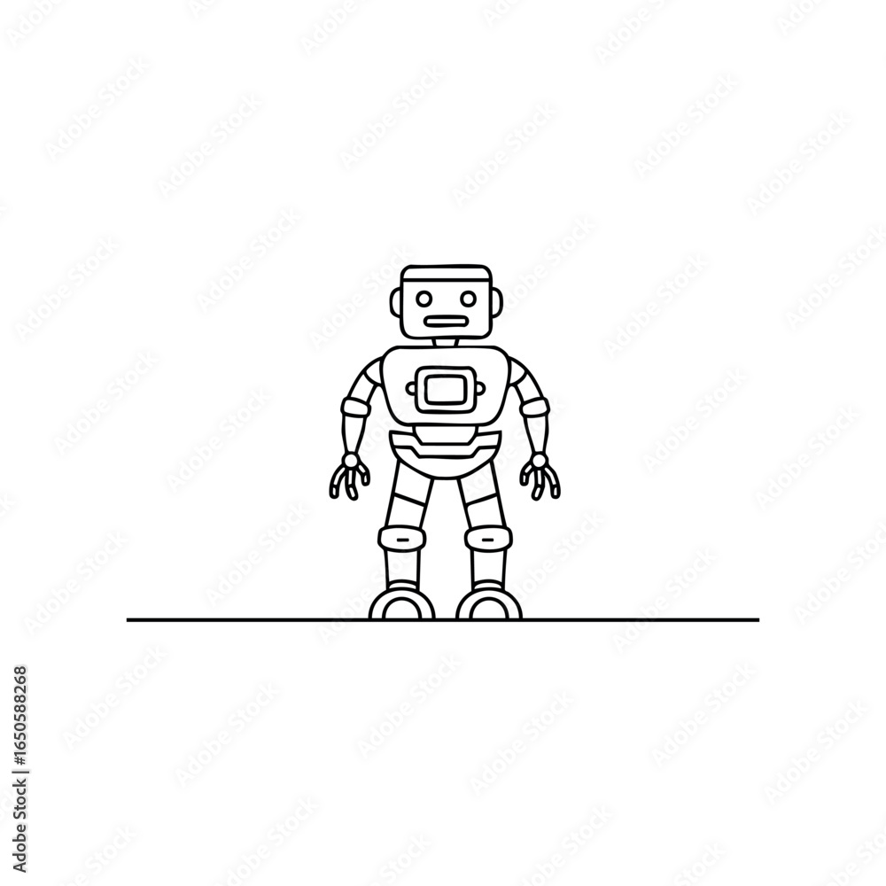 Poster black and white line art of a simple robot on a blank background