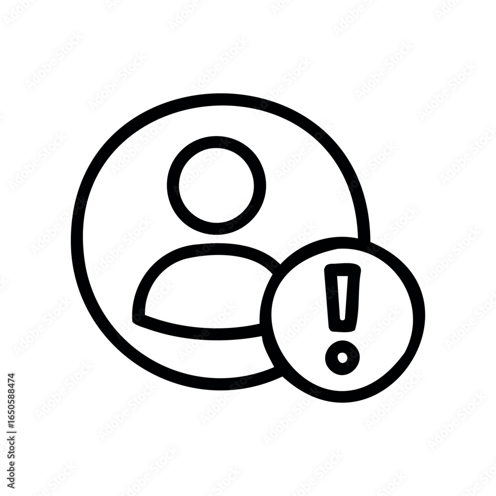 Poster user profile icon with alert notification symbol in simple black outline design