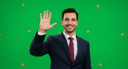 Man in suit waving green screen