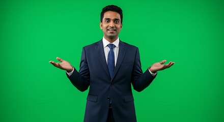 A man in a navy suit and blue tie gestures with open hands against a green screen