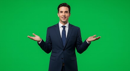 Man in suit gesturing with open hands on green screen