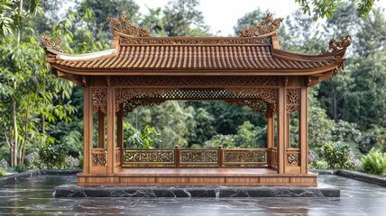 Fototapeta premium Ornamental wooden gazebo with pagoda roof — traditional pavilion