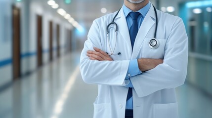 Closeup of a healthcare professional in scrubs with arms crossed and a stethoscope around their neck,Doctor against a blurred background of medical staff in a hospital,clinic setting,Healthcare.